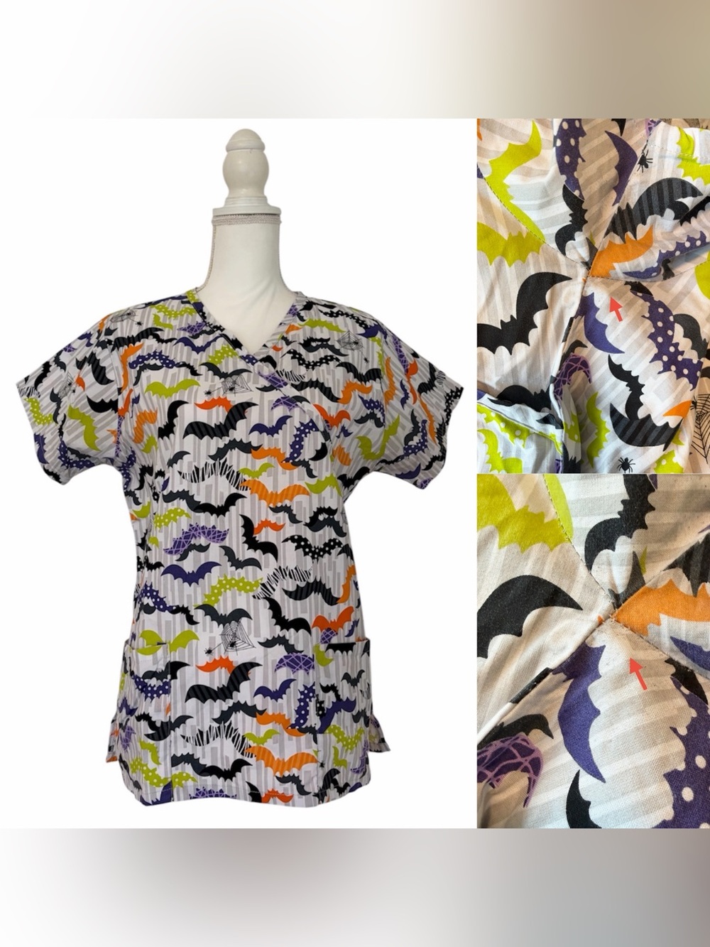 Bonita Scrubs Halloween Colorful Bat-Print Nursing Scrub Top Women’s Medium